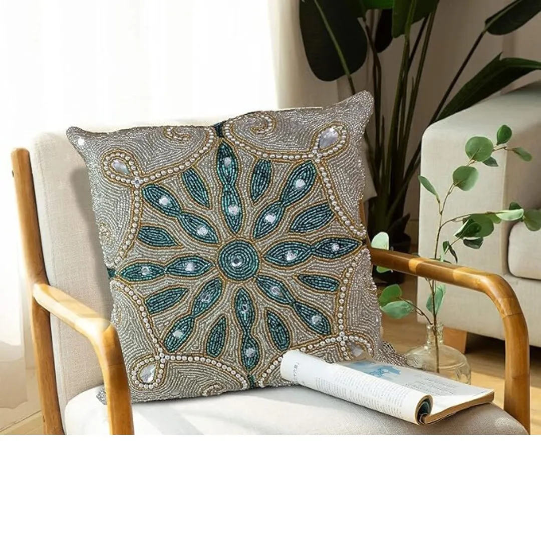 Linen Beaded Starbust Throw Pillow in Teal, Gold and Silver (14x14)