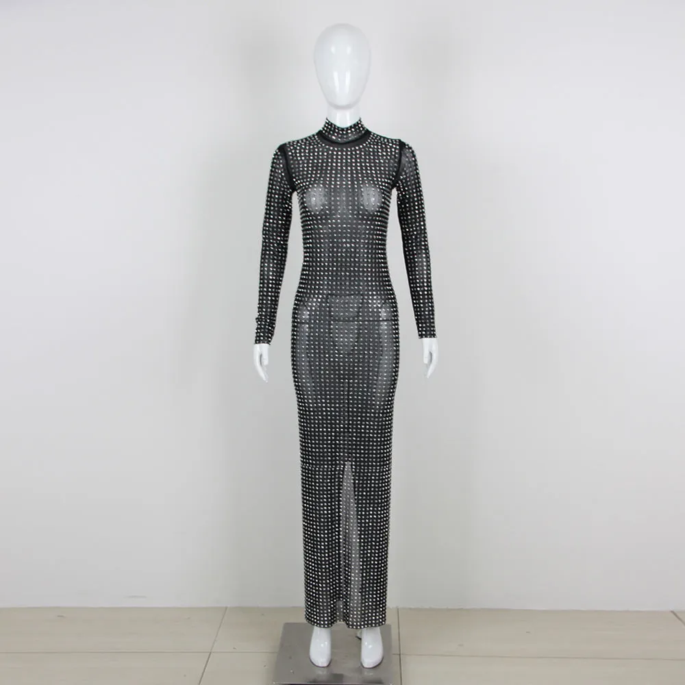 Long Sleeve Rhinestone Bodycon Dress HL9399
