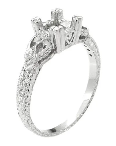 Loving Hearts 3/4 Carat Antique Style Platinum Art Deco Engraved Engagement Ring Setting