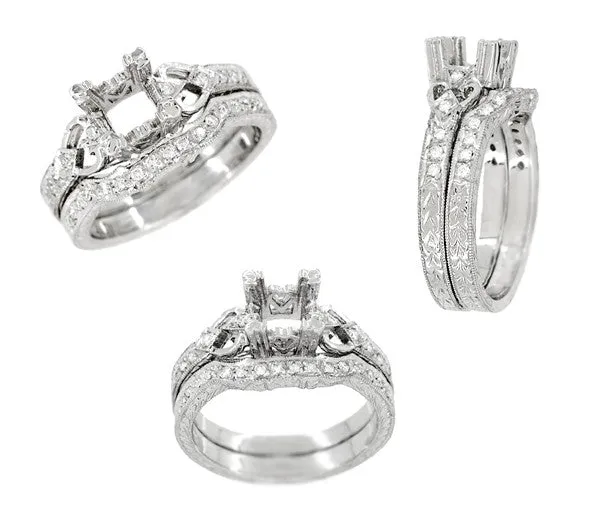 Loving Hearts 3/4 Carat Antique Style Platinum Art Deco Engraved Engagement Ring Setting