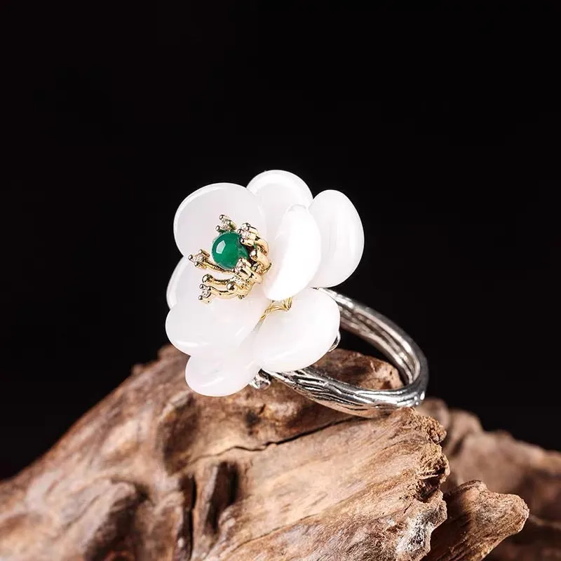 Luxury Glass Flower Green Agate Crystal Ring