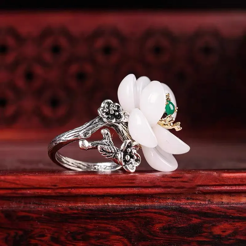 Luxury Glass Flower Green Agate Crystal Ring