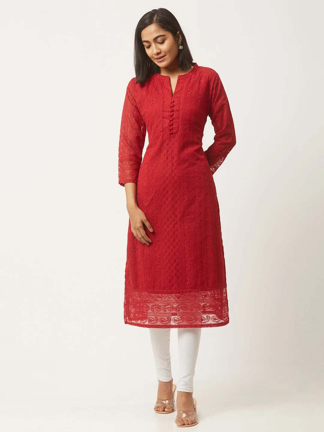Maroon Chikankari Kurta - Georgette Lucknowi Chikankari Kurta