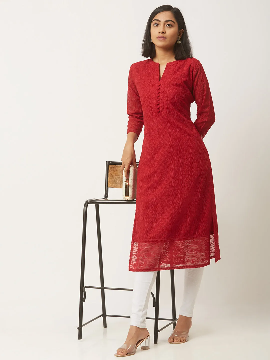 Maroon Chikankari Kurta - Georgette Lucknowi Chikankari Kurta