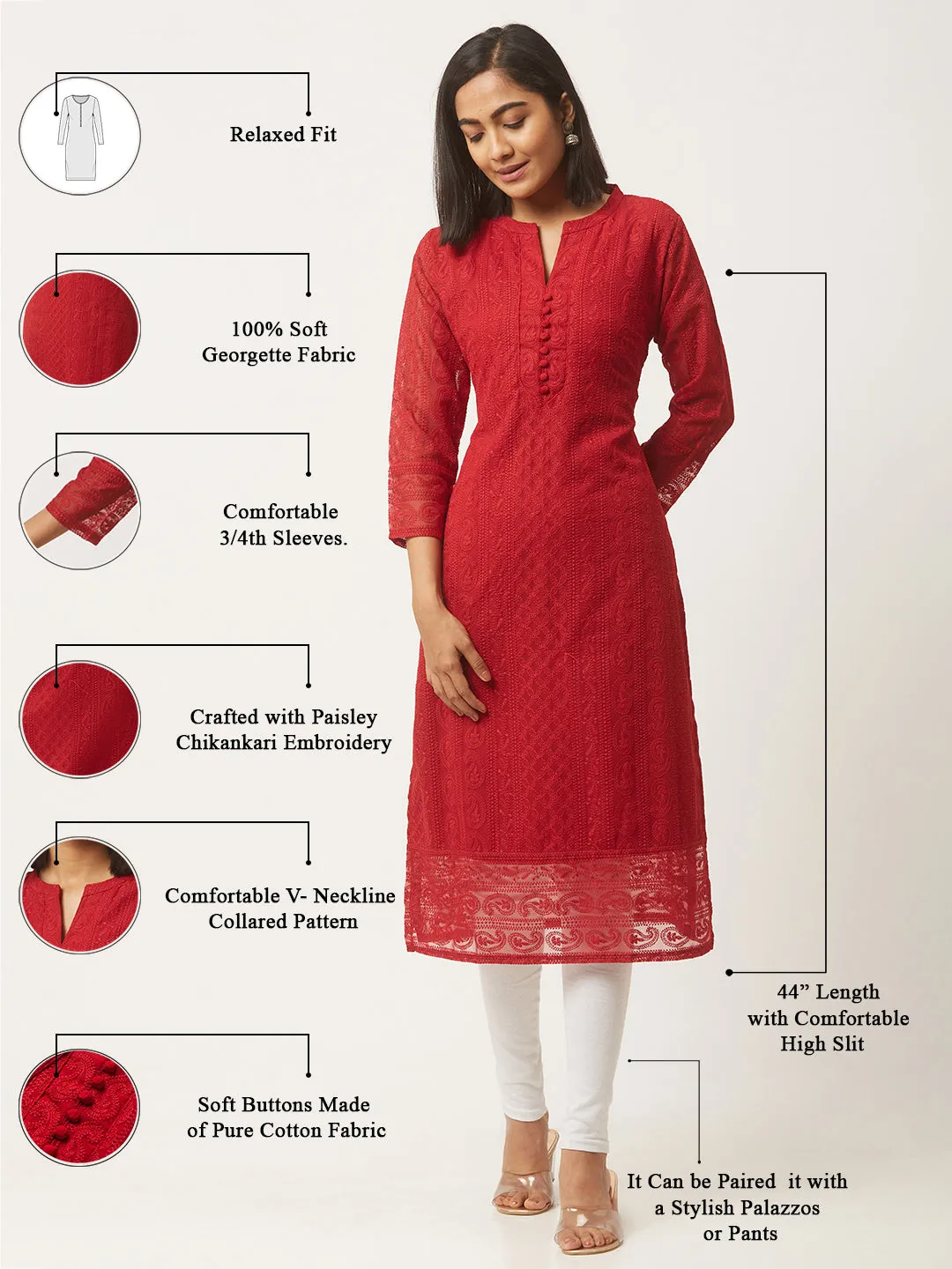 Maroon Chikankari Kurta - Georgette Lucknowi Chikankari Kurta