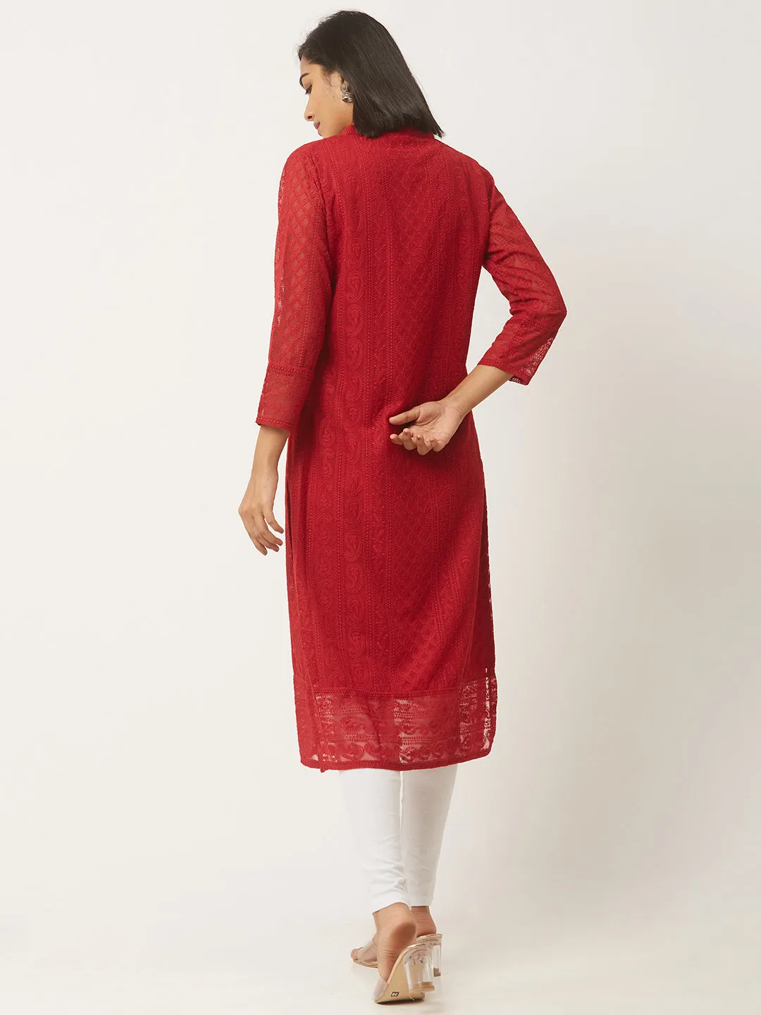 Maroon Chikankari Kurta - Georgette Lucknowi Chikankari Kurta
