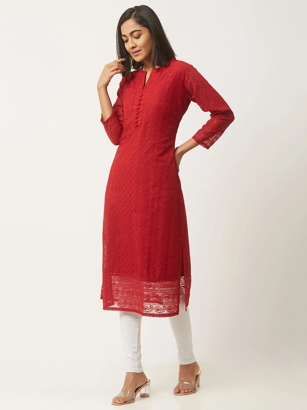 Maroon Chikankari Kurta - Georgette Lucknowi Chikankari Kurta
