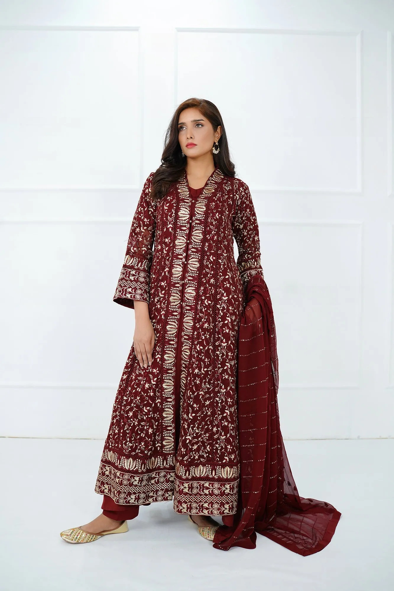 Maroon Embroidered Gown Set 3-Piece Stitched