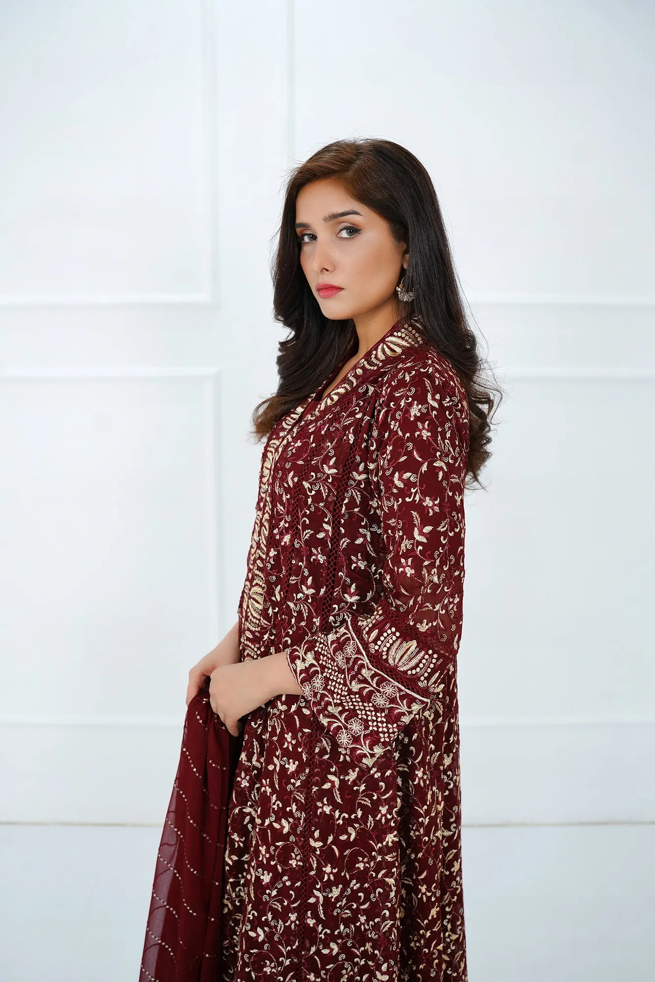 Maroon Embroidered Gown Set 3-Piece Stitched