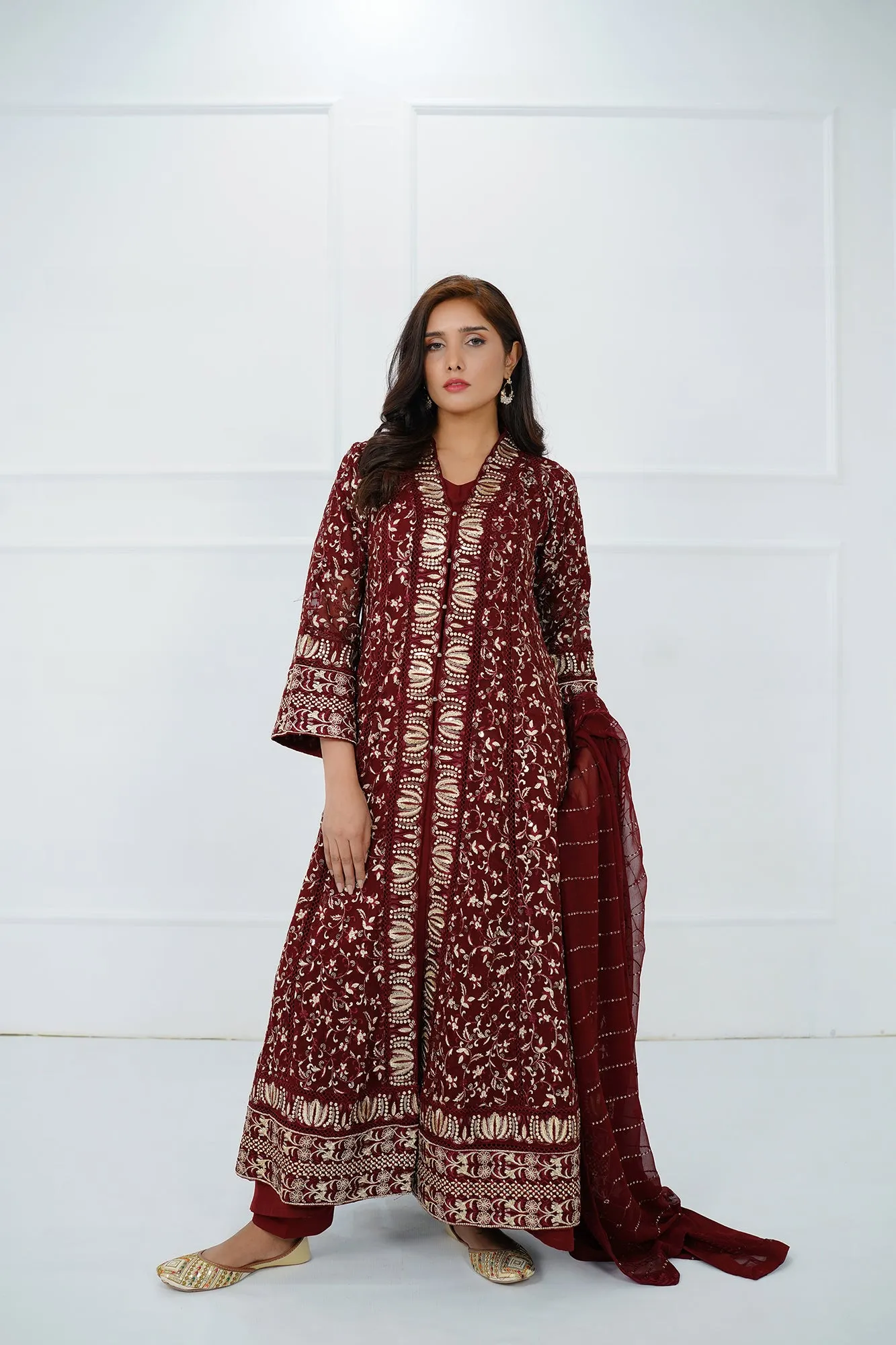 Maroon Embroidered Gown Set 3-Piece Stitched
