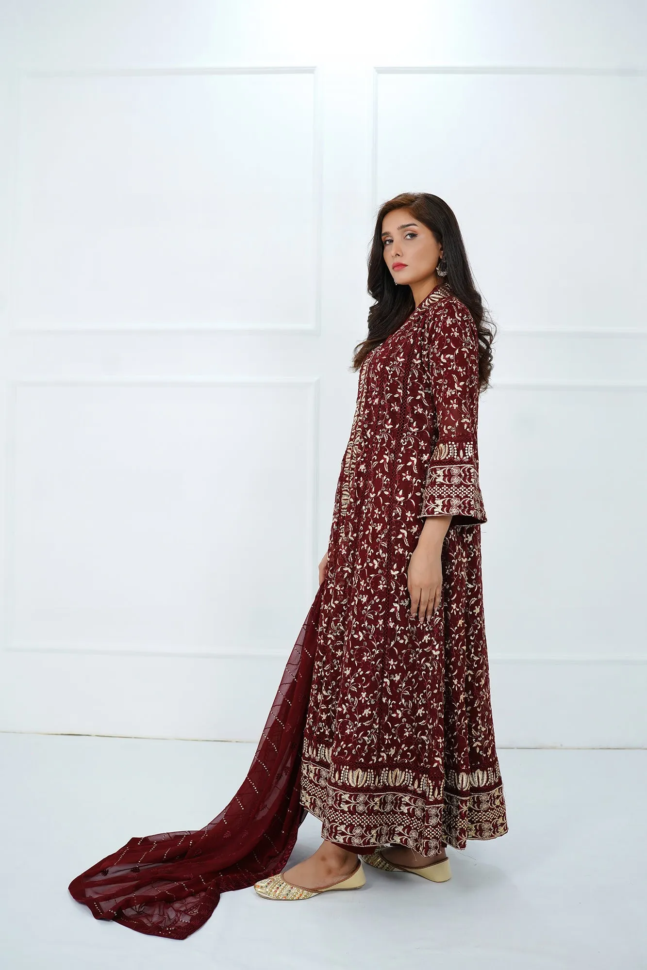 Maroon Embroidered Gown Set 3-Piece Stitched
