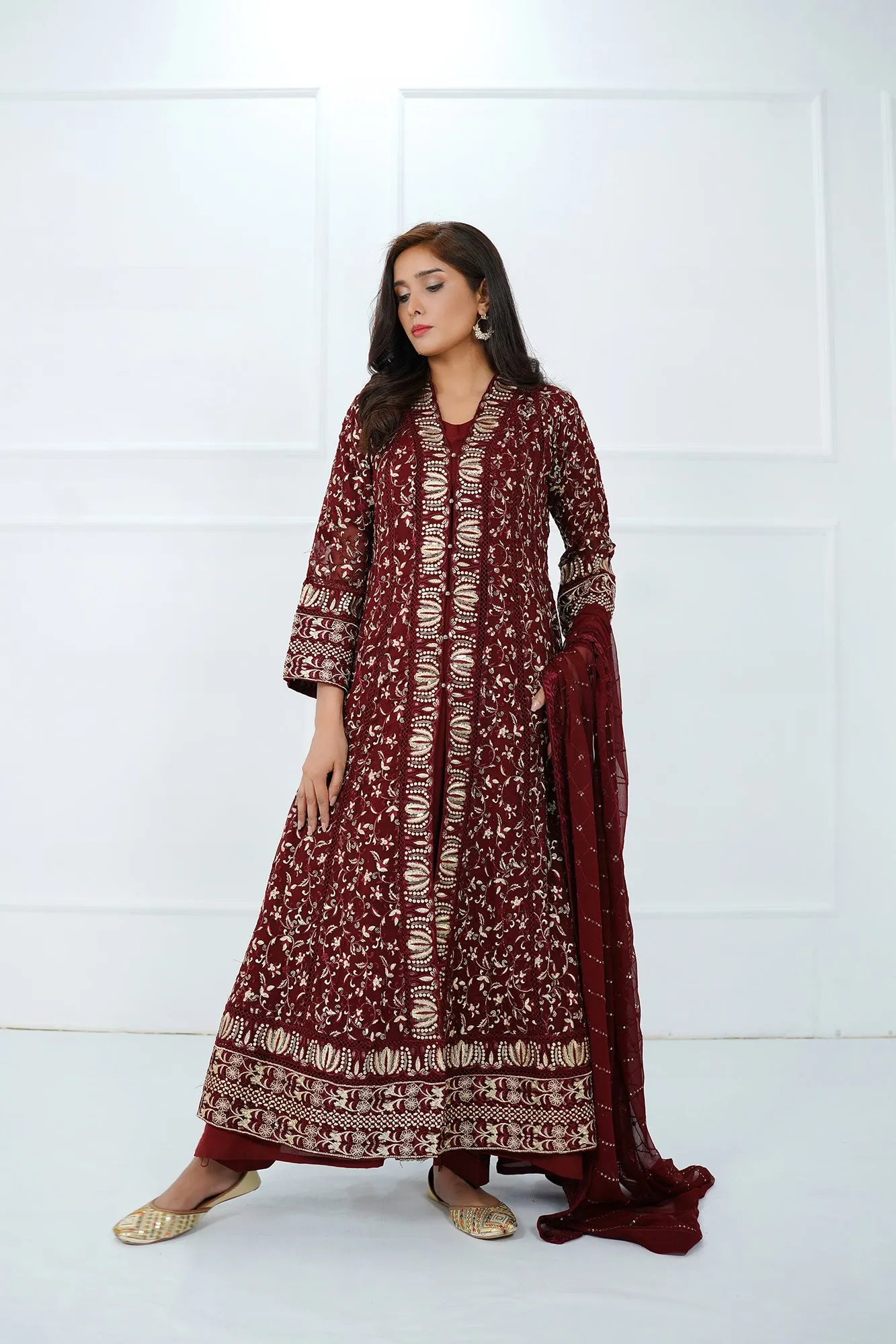Maroon Embroidered Gown Set 3-Piece Stitched