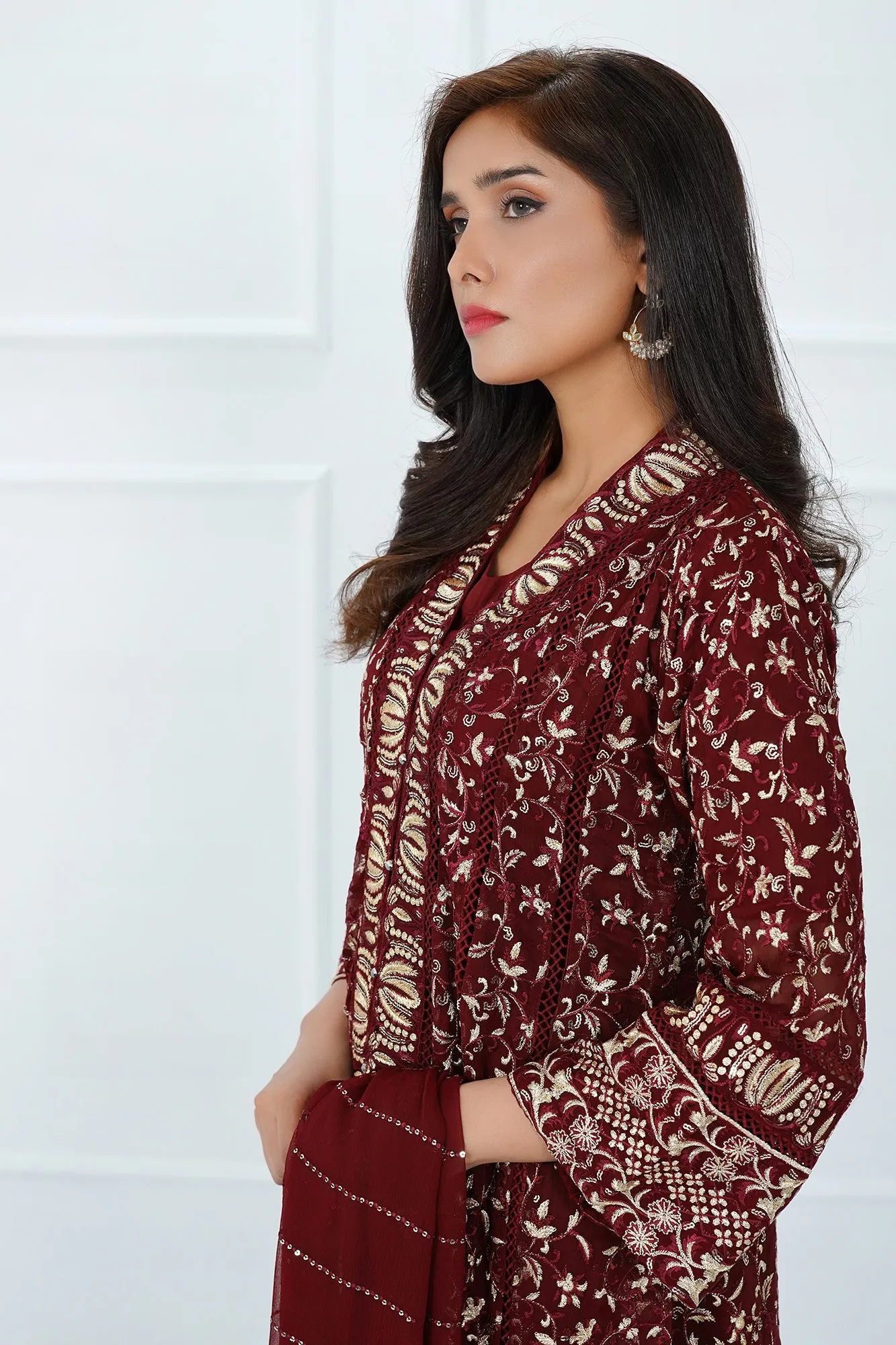 Maroon Embroidered Gown Set 3-Piece Stitched
