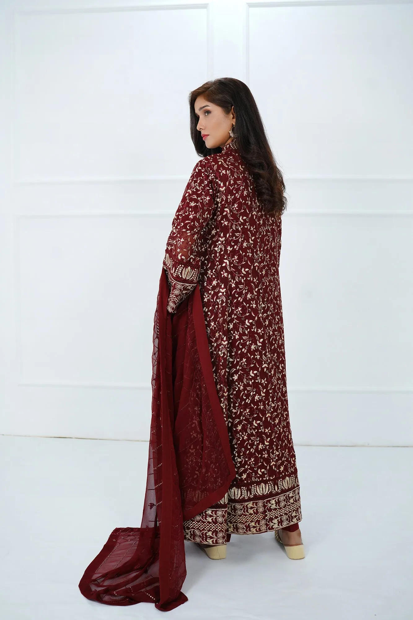 Maroon Embroidered Gown Set 3-Piece Stitched