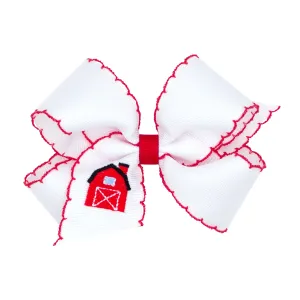 Medium Grosgrain Hair Bow with Moonstitch Edge and Farm-theme Embroidery - Red Barn