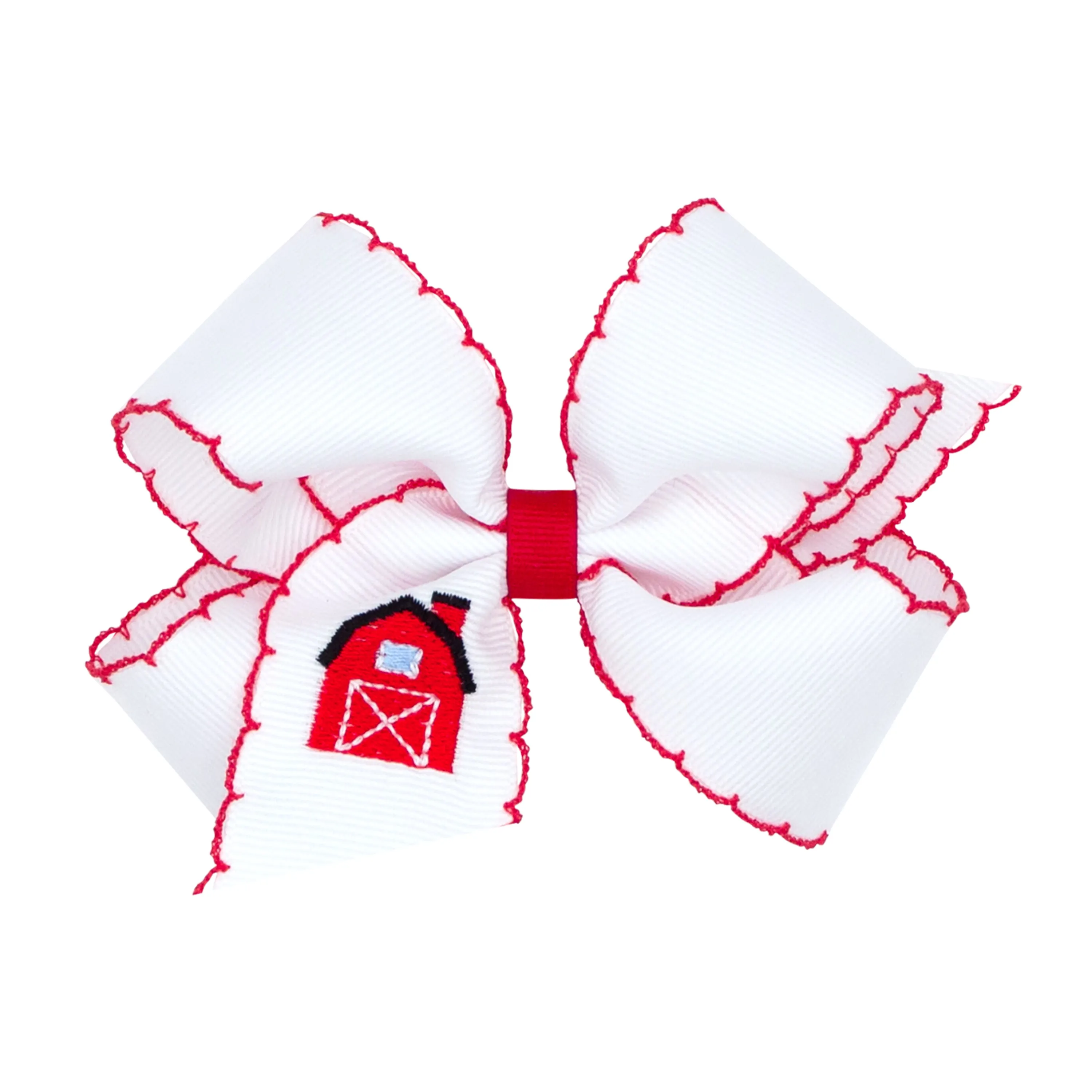 Medium Grosgrain Hair Bow with Moonstitch Edge and Farm-theme Embroidery - Red Barn