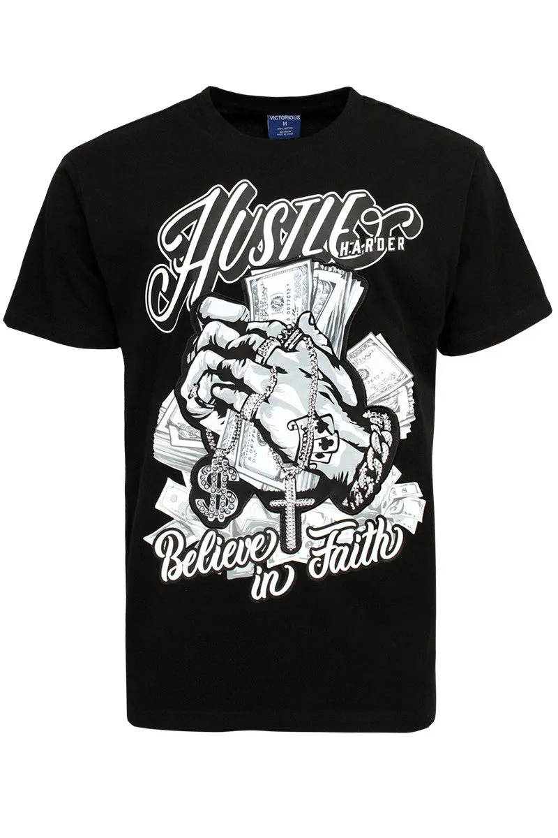 Men's Hustle Harder Rhinestone Black Tee Shirt