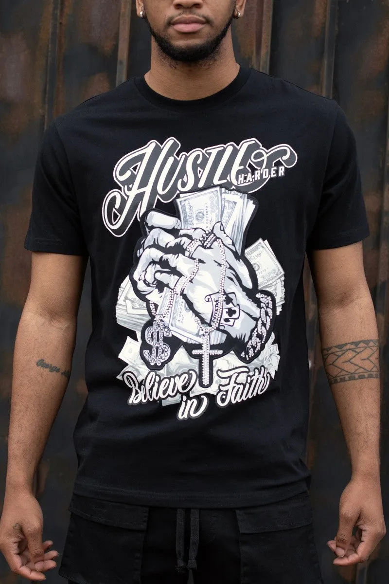 Men's Hustle Harder Rhinestone Black Tee Shirt