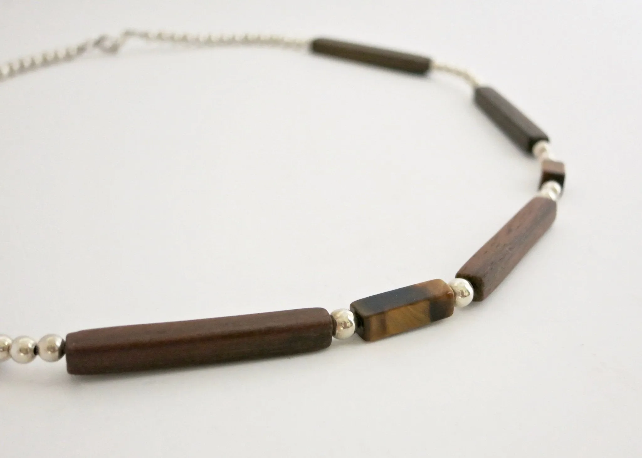 Minimalist wood, silver and tiger's eye necklace
