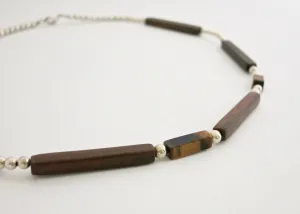 Minimalist wood, silver and tiger's eye necklace