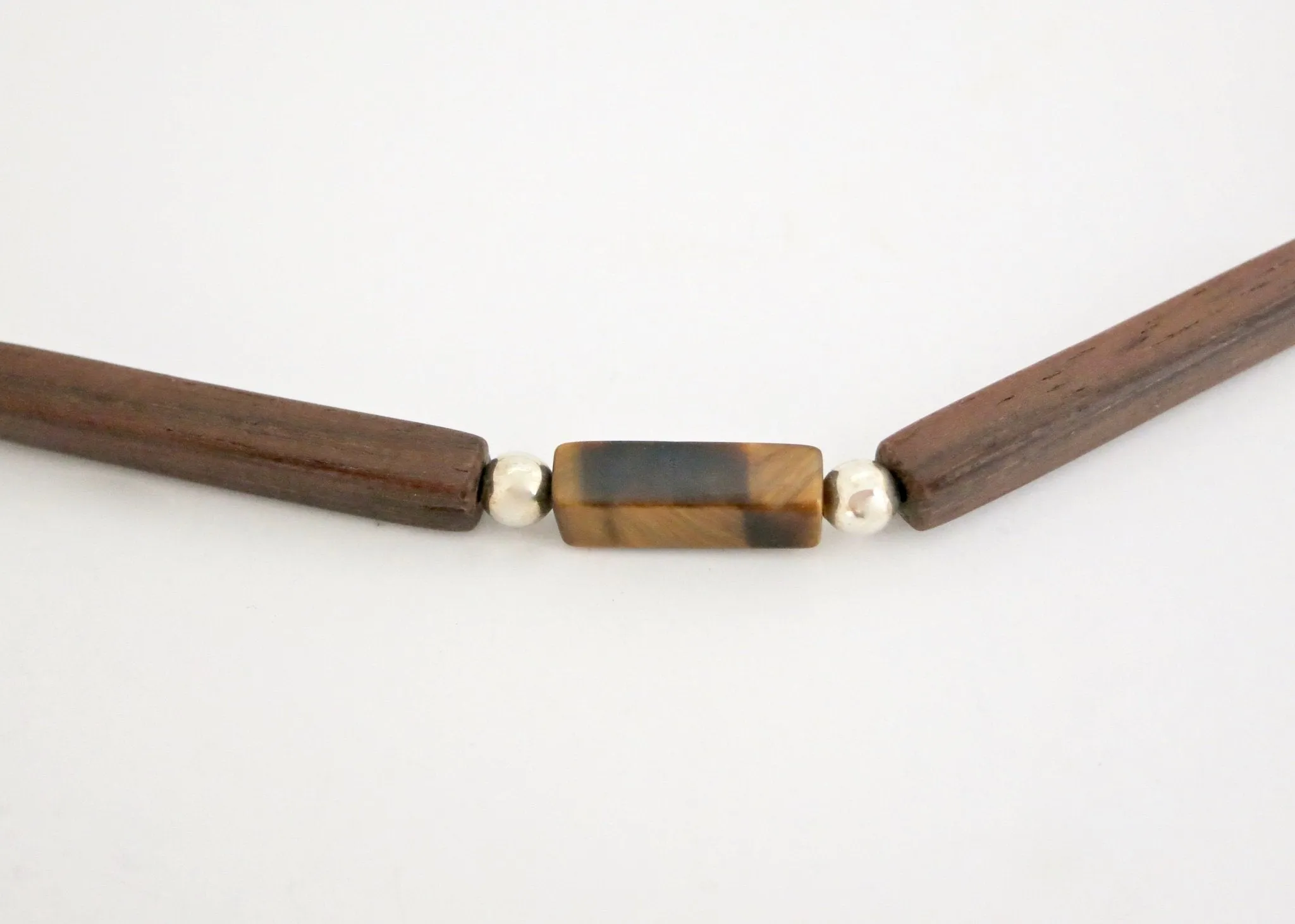 Minimalist wood, silver and tiger's eye necklace