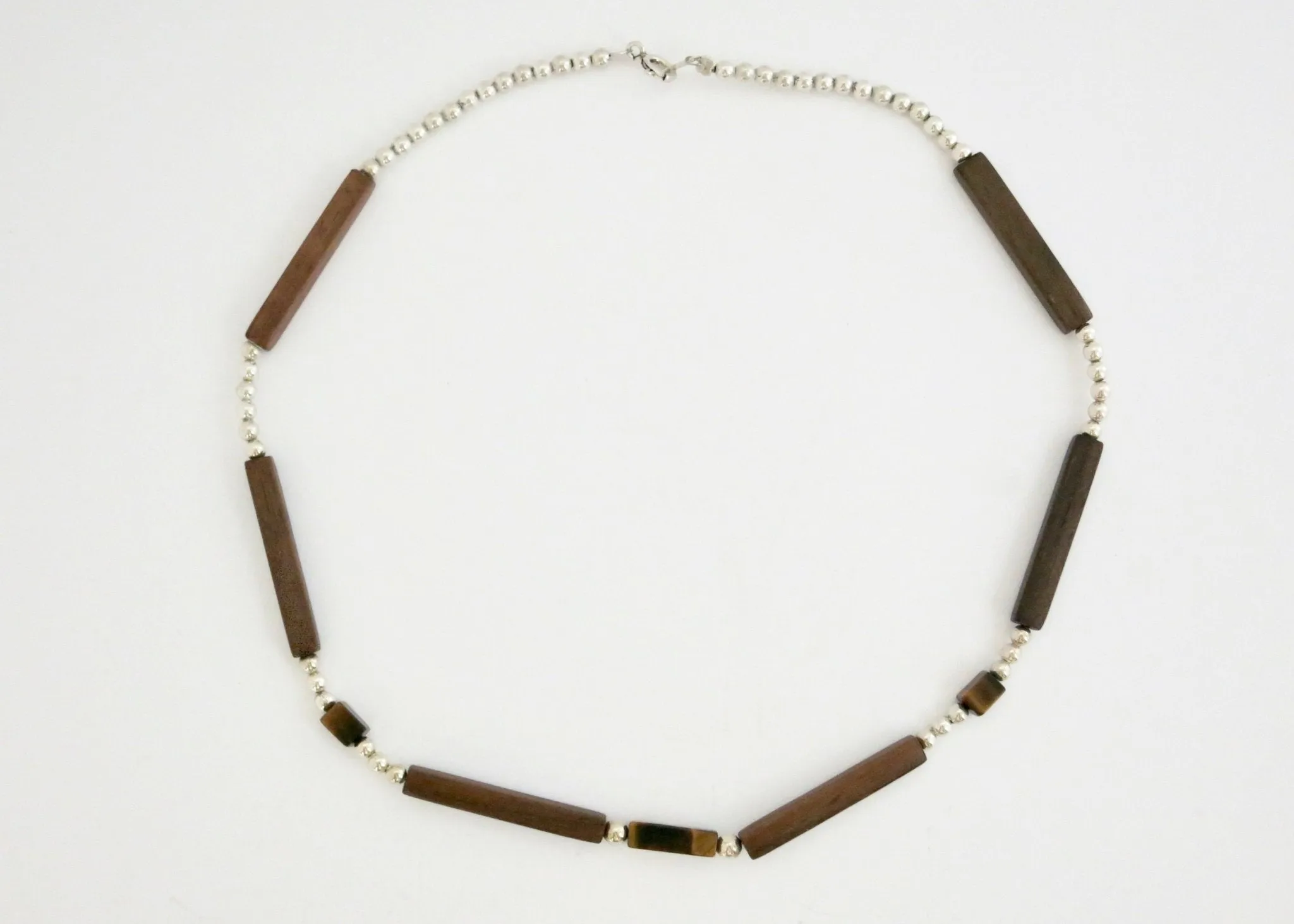 Minimalist wood, silver and tiger's eye necklace