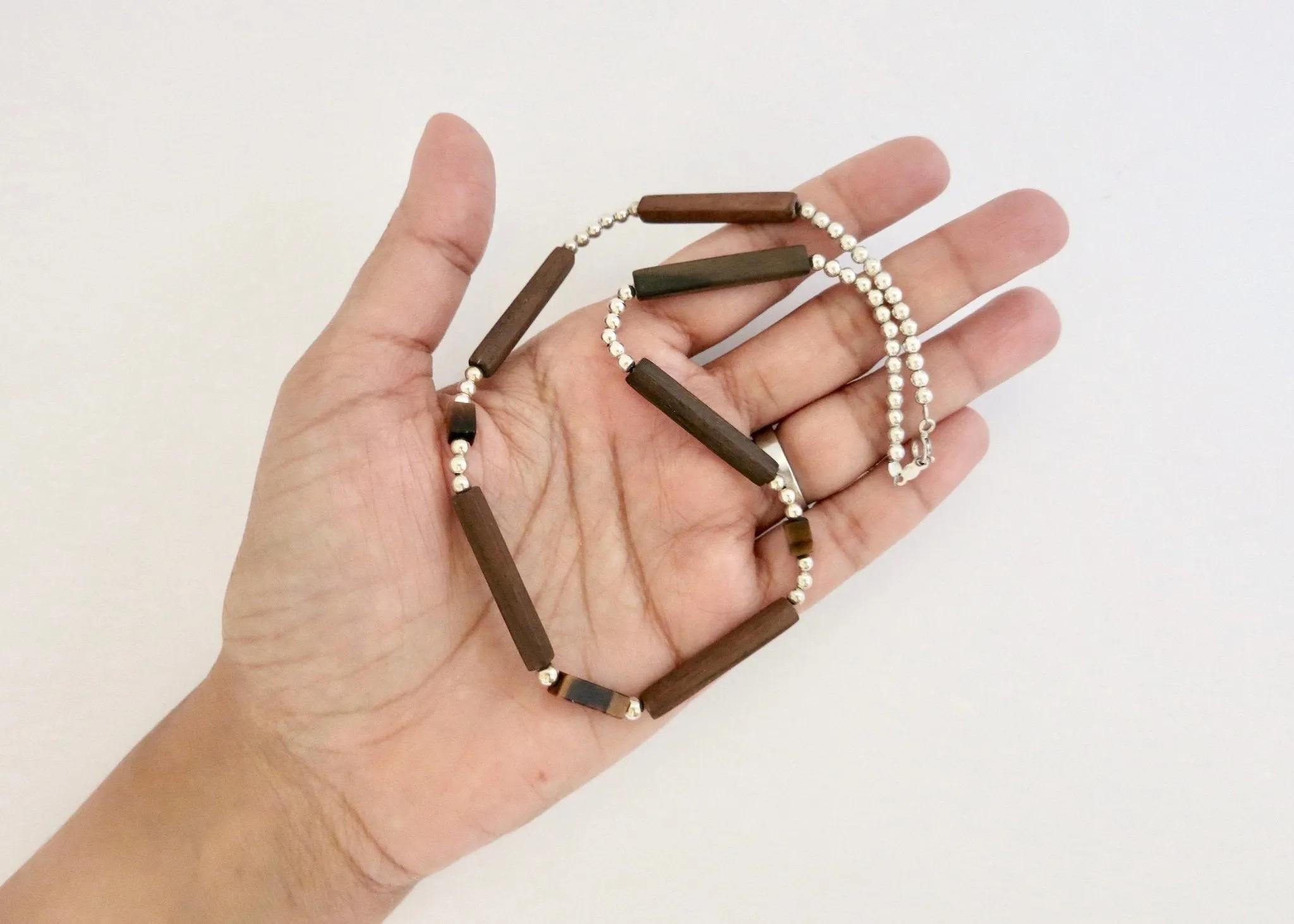Minimalist wood, silver and tiger's eye necklace
