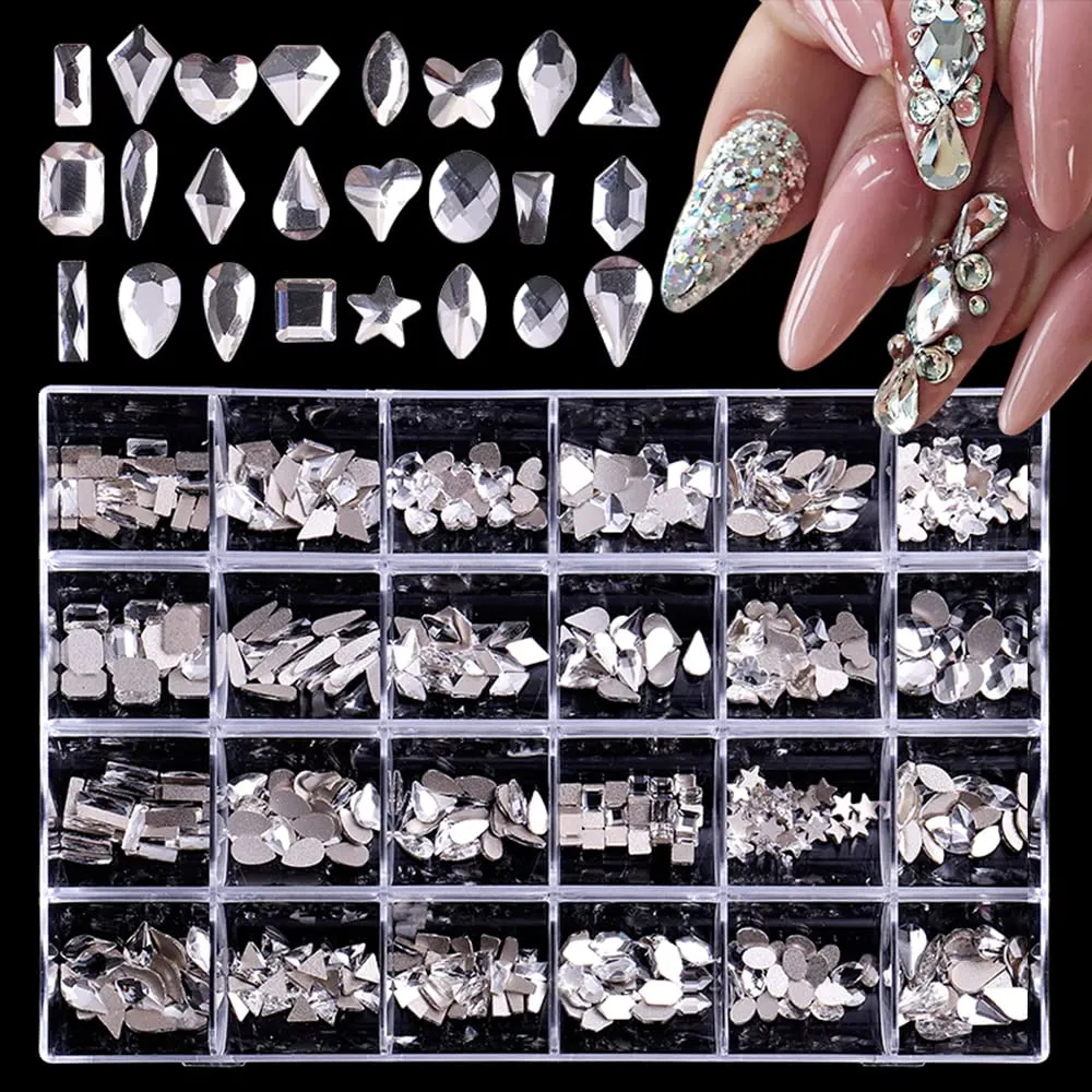 Nail Art Rhinestones Kit, 3D Luxury Nail Crystals Multi Shapes Glass Crystal Rhinestones for Nail Art Makeup Face Decor Crafts Supply (240pcs Diamond)