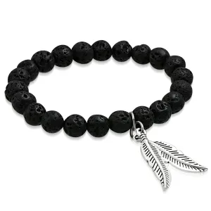 Natural Midnight Black Coral Molten Lava Rock Stone Beads Bird Feather Leaf Charm Stretch Bracelet