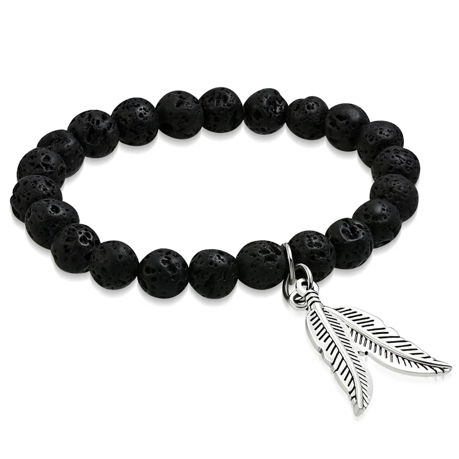Natural Midnight Black Coral Molten Lava Rock Stone Beads Bird Feather Leaf Charm Stretch Bracelet