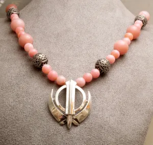 Natural pink Andean opal and silver bead necklace with khanda / adi shakti pendant