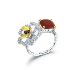 Natural Red Agate Butterfly & Flower Ring