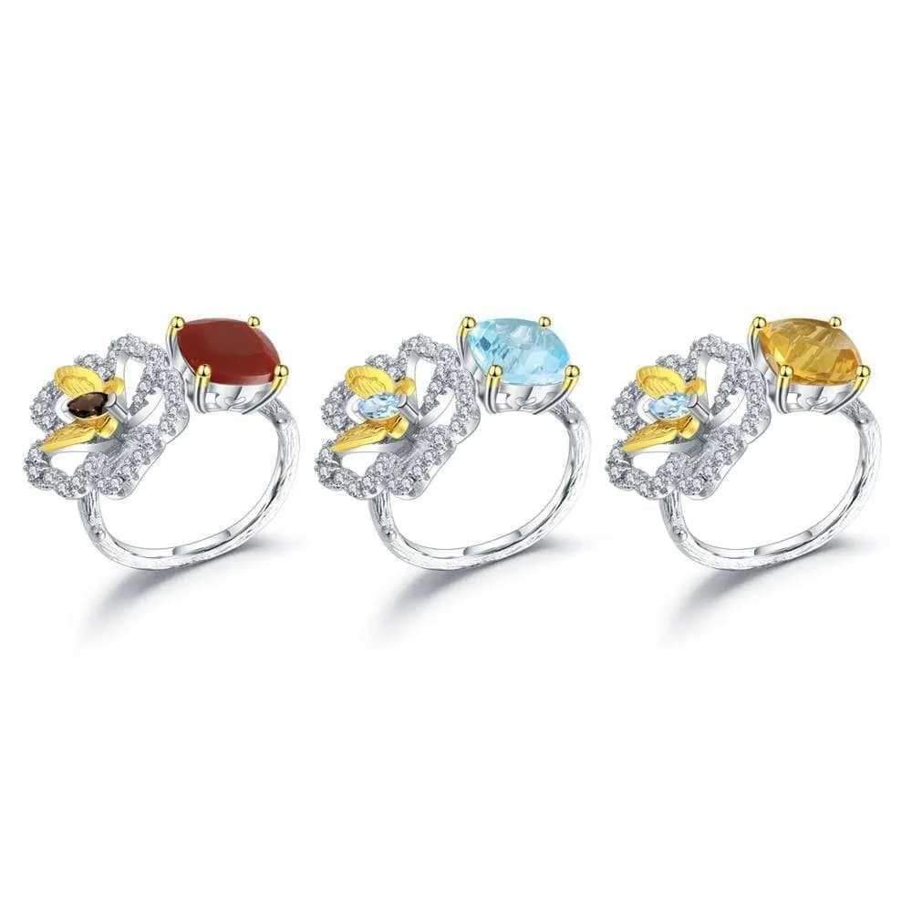 Natural Red Agate Butterfly & Flower Ring
