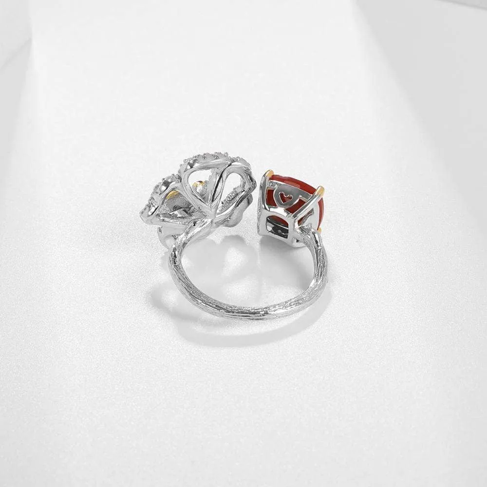 Natural Red Agate Butterfly & Flower Ring