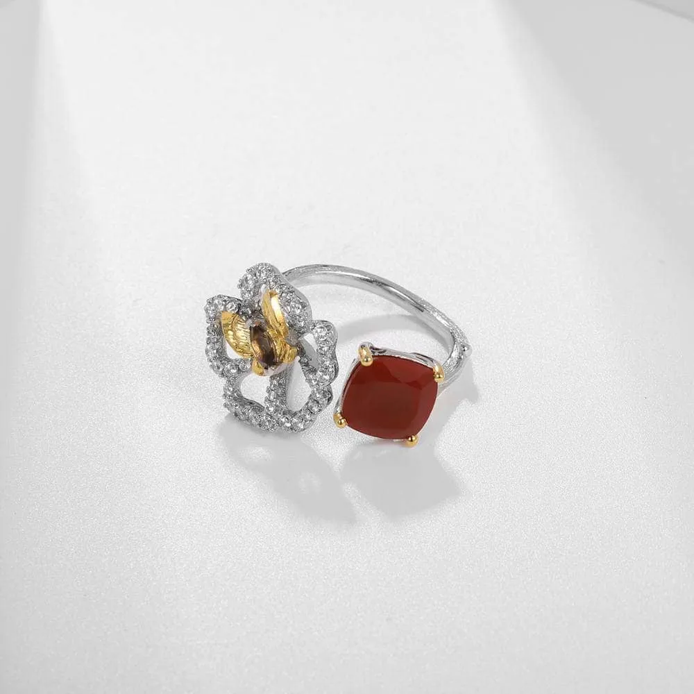 Natural Red Agate Butterfly & Flower Ring