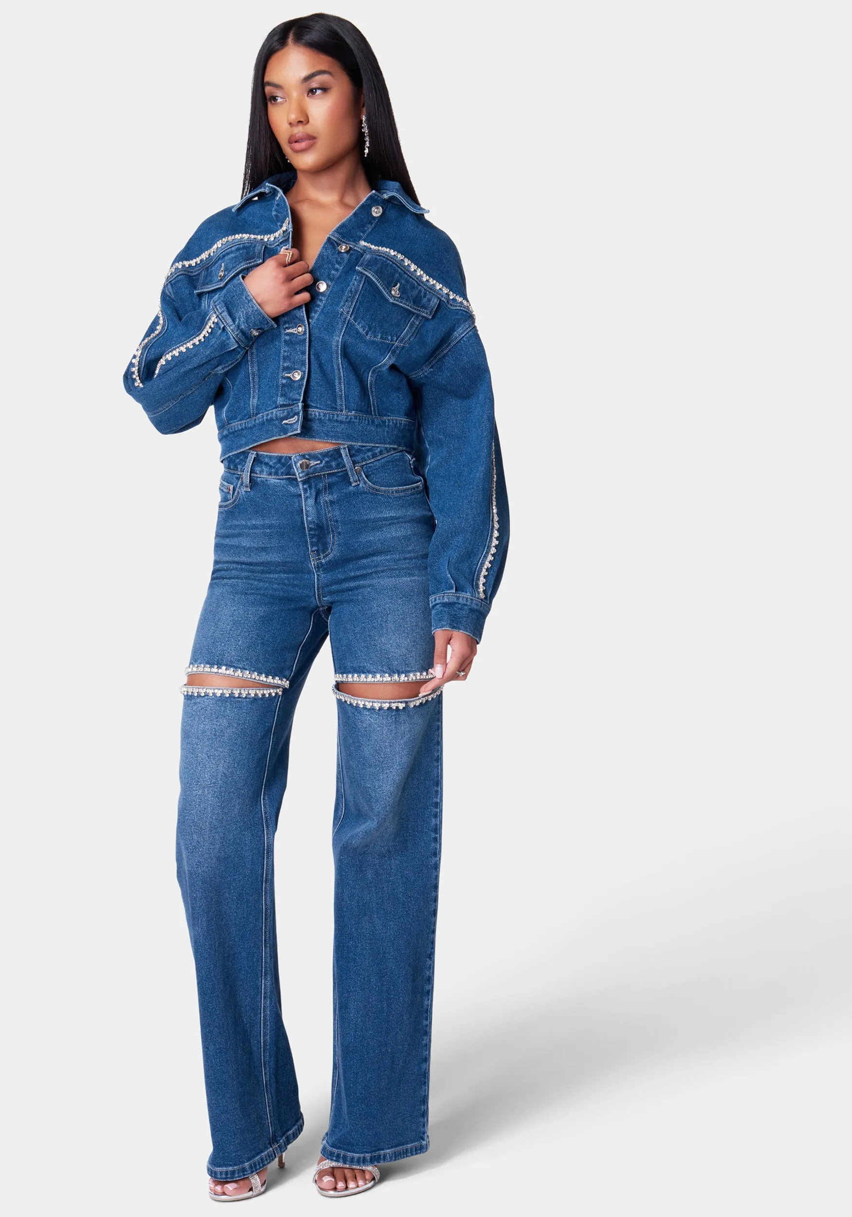 Natural Waist Rhinestone Detail Wide Leg Jean