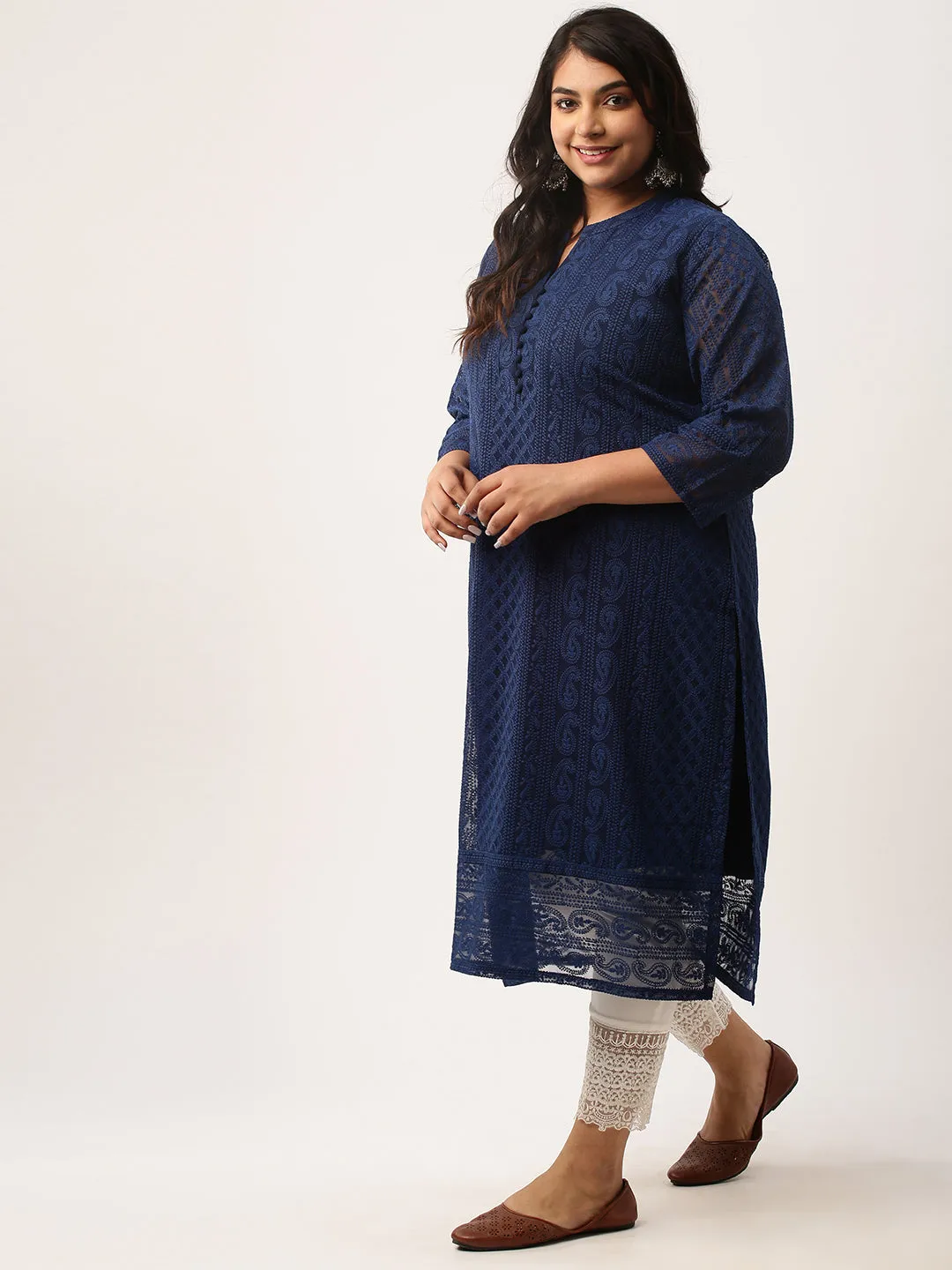 Navy Blue Chikankari Kurta | Paisley Embroidered Georgette Kurta For Women - ZOLA