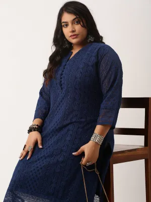 Navy Blue Chikankari Kurta | Paisley Embroidered Georgette Kurta For Women - ZOLA