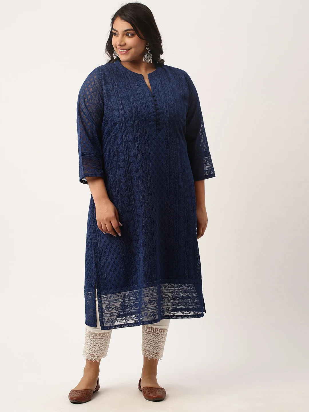 Navy Blue Chikankari Kurta | Paisley Embroidered Georgette Kurta For Women - ZOLA