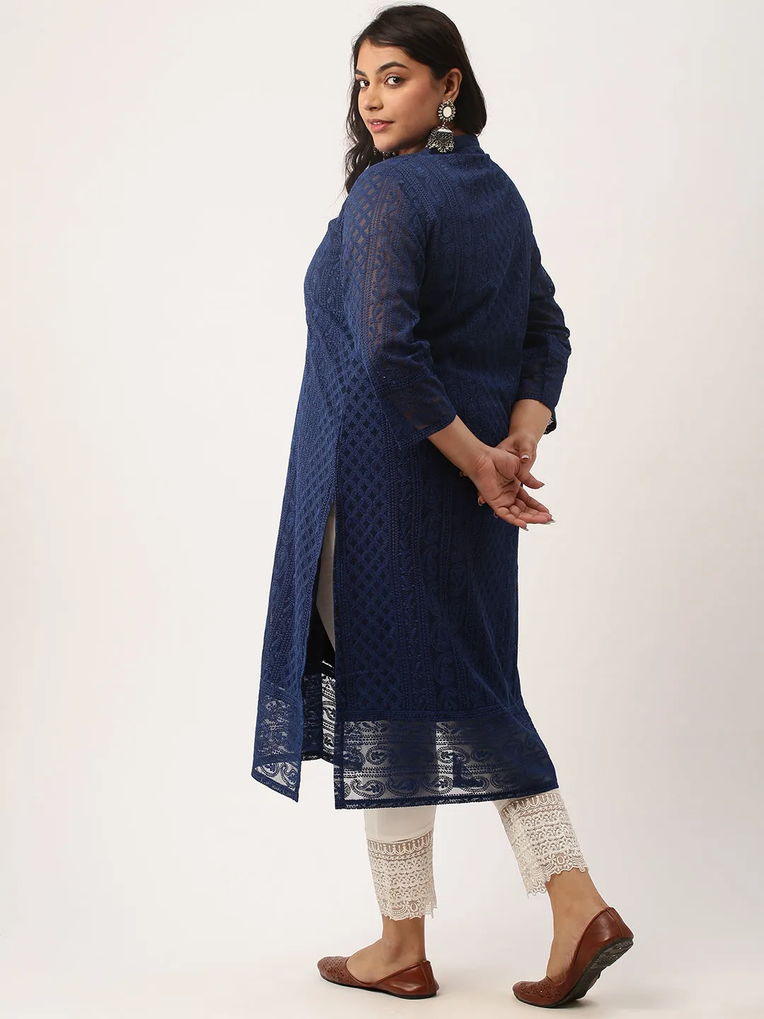 Navy Blue Chikankari Kurta | Paisley Embroidered Georgette Kurta For Women - ZOLA