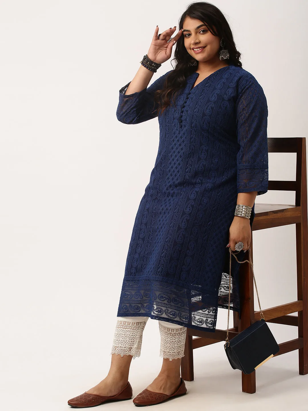 Navy Blue Chikankari Kurta | Paisley Embroidered Georgette Kurta For Women - ZOLA