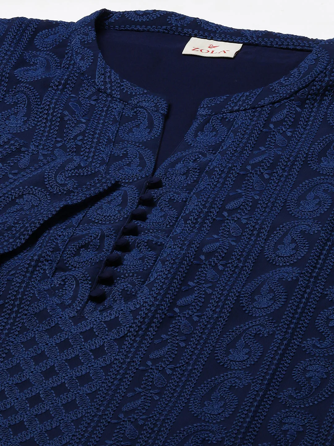 Navy Blue Chikankari Kurta | Paisley Embroidered Georgette Kurta For Women - ZOLA