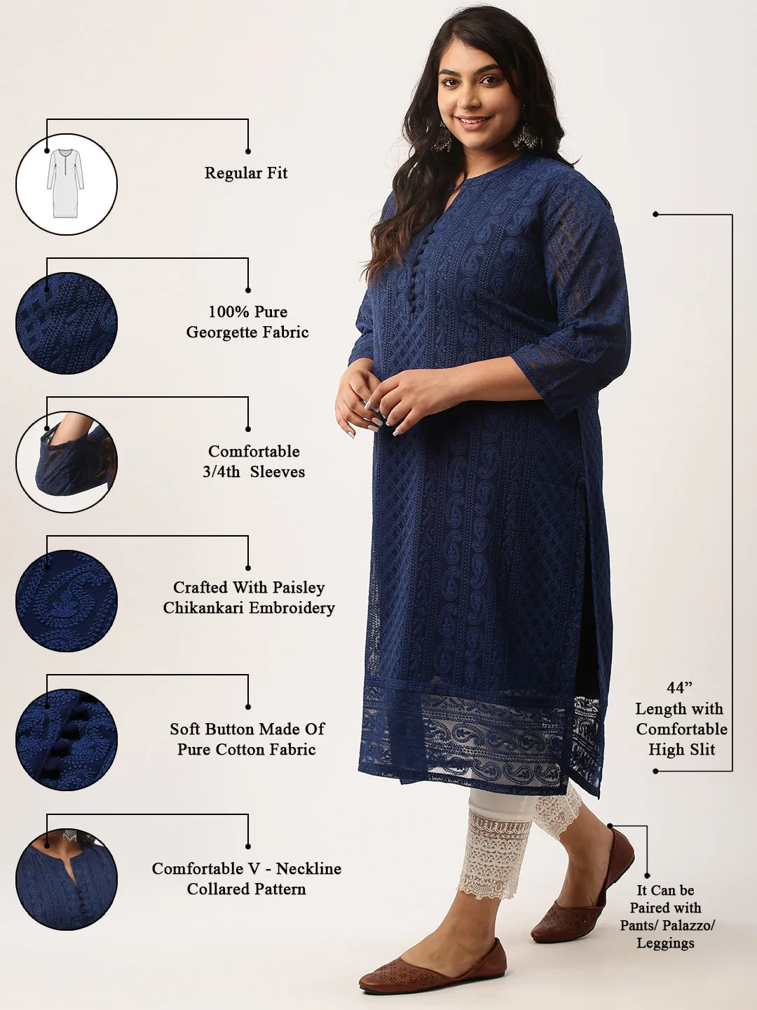 Navy Blue Chikankari Kurta | Paisley Embroidered Georgette Kurta For Women - ZOLA