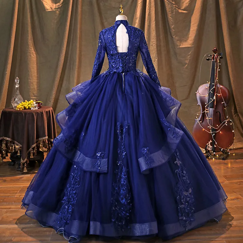 Navy Blue Long Sleeves Party Dress Prom Dress, Tulle with Lace Formal Dresses