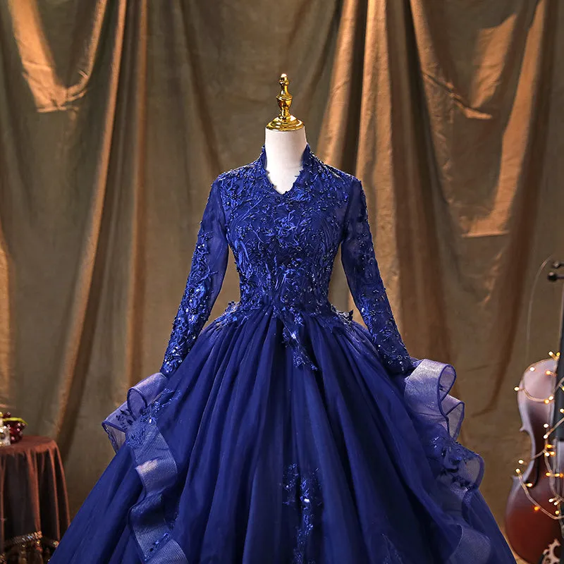 Navy Blue Long Sleeves Party Dress Prom Dress, Tulle with Lace Formal Dresses
