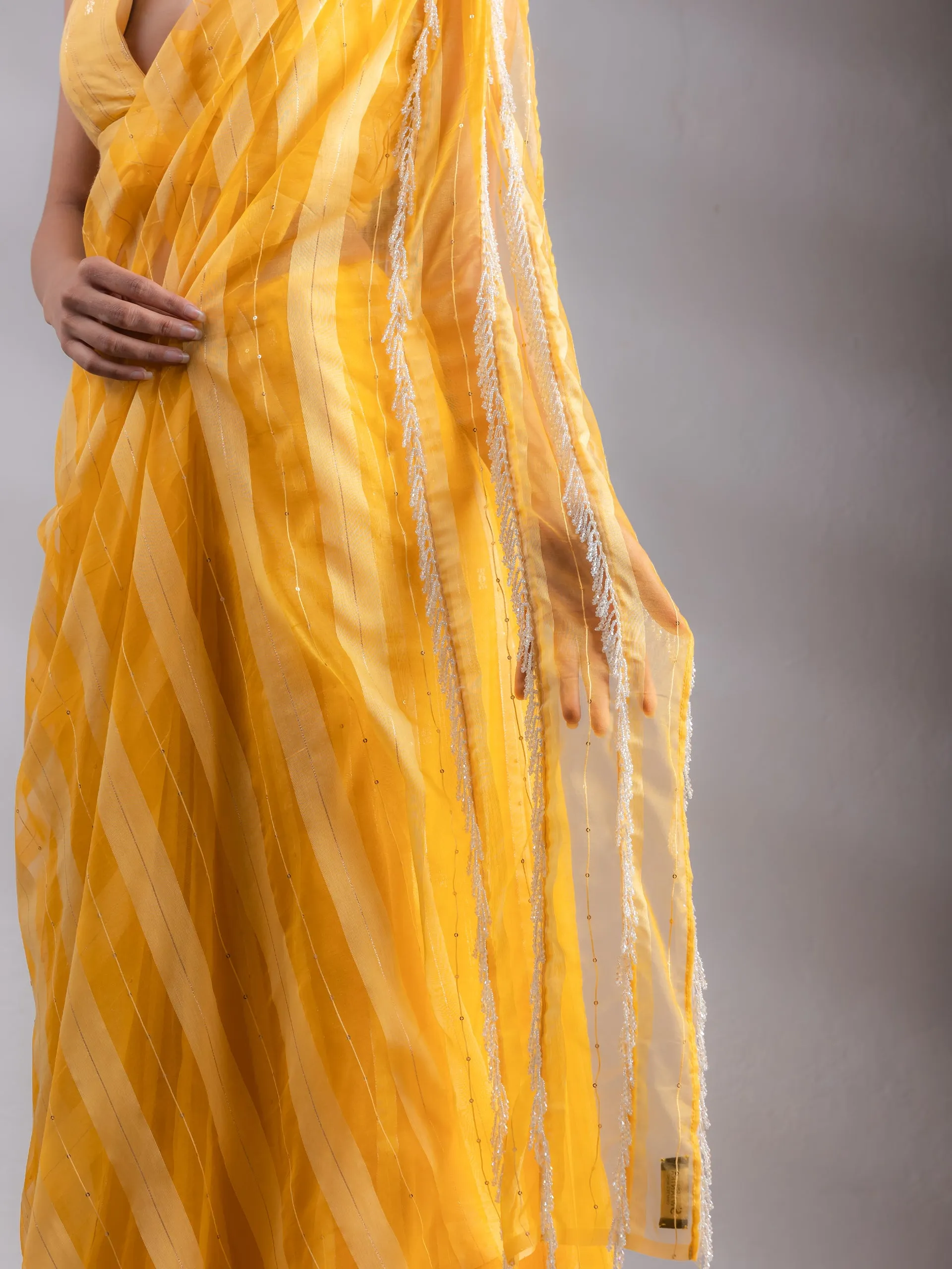 Organza Yellow Hide and Seek Stripes Saree with Blouse Fabric