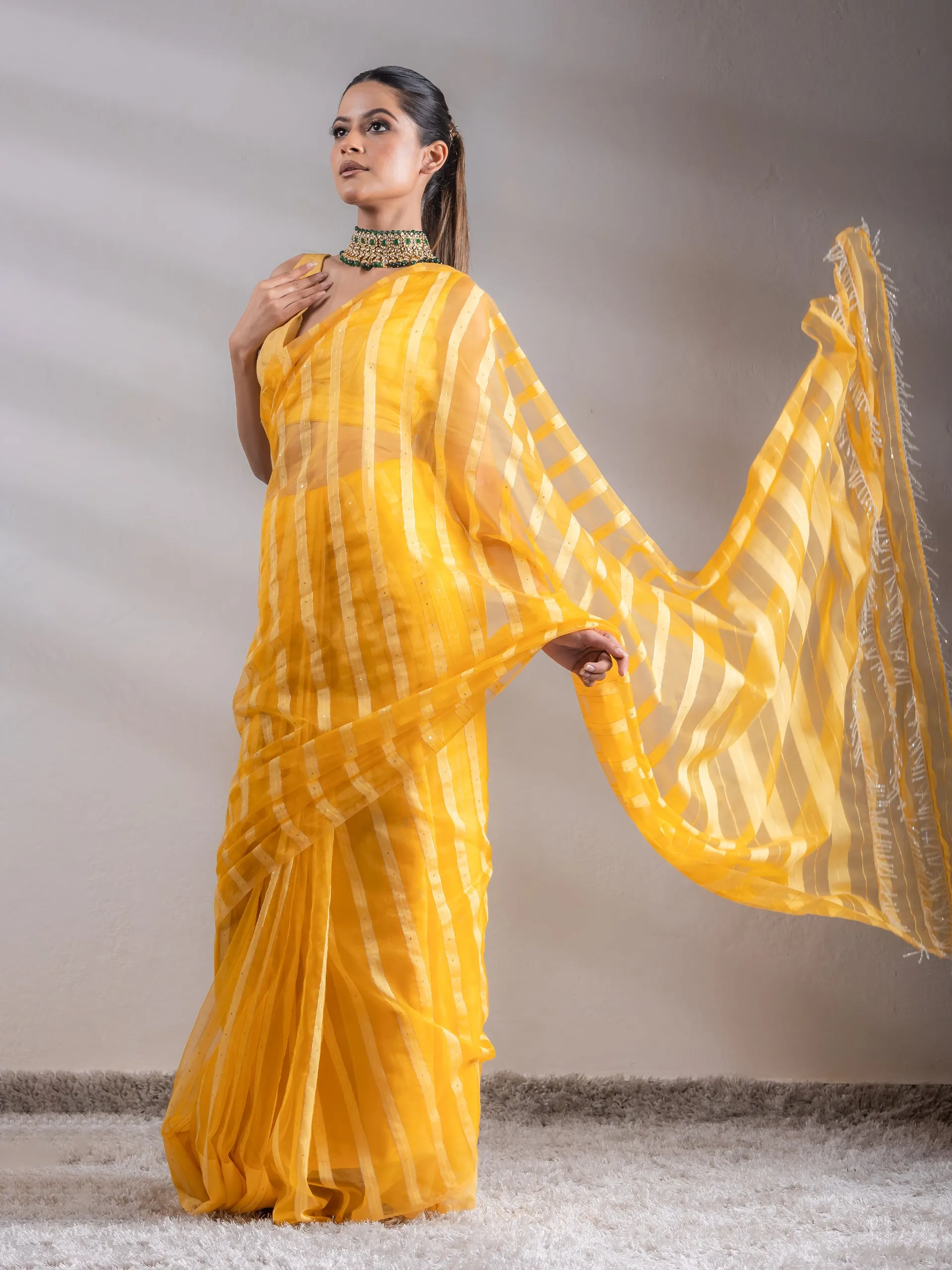 Organza Yellow Hide and Seek Stripes Saree with Blouse Fabric