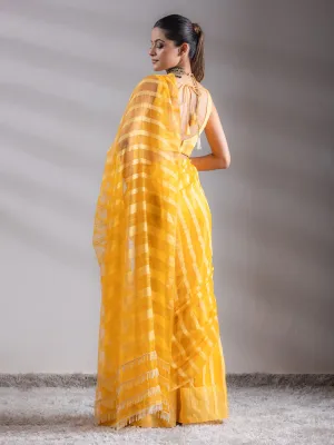 Organza Yellow Hide and Seek Stripes Saree with Blouse Fabric