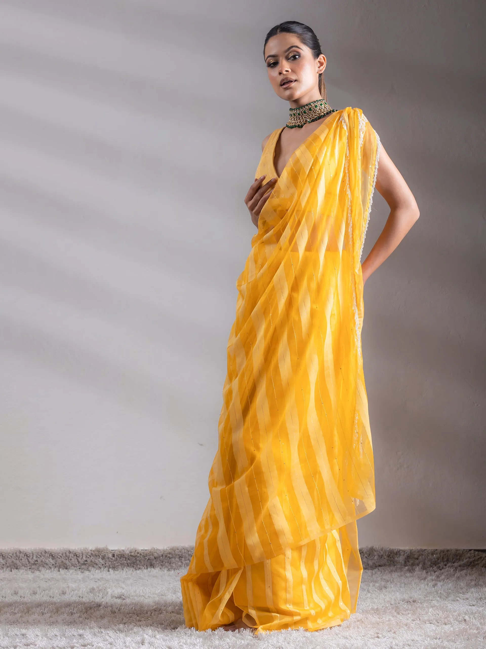 Organza Yellow Hide and Seek Stripes Saree with Blouse Fabric