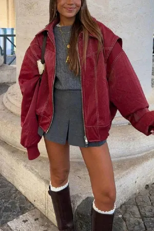Oversized Contrast Stitch Jacket Red